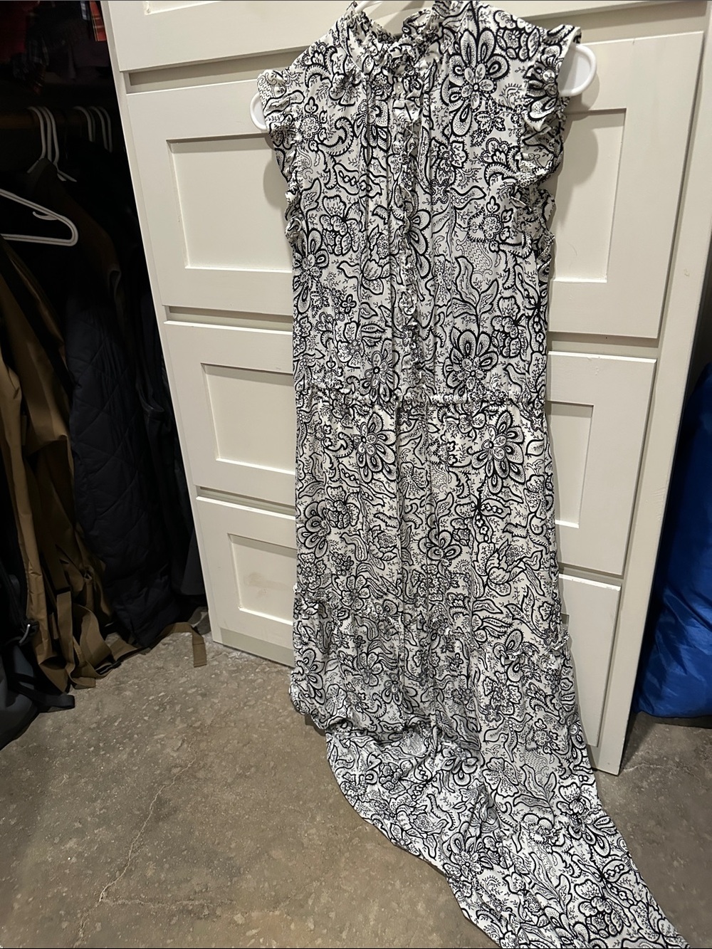 WHO WHAT WEAR black &cream maxi dress. Button front, drawstring, ruffle sleeves